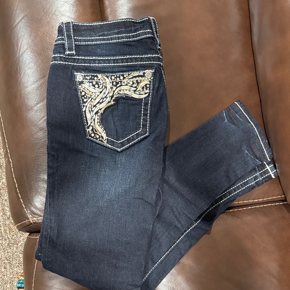 Miss Me Black Skinny Jeans with Gold Embroidery